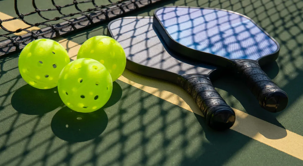 An outdoor pickleball setup featuring two paddles, three yellow pickleballs, and a tennis net. The scene is bright, playful, and ready for action, suggesting friendly competition and outdoor activity. The background hints at a spacious setting ideal for group fun and energetic gatherings.